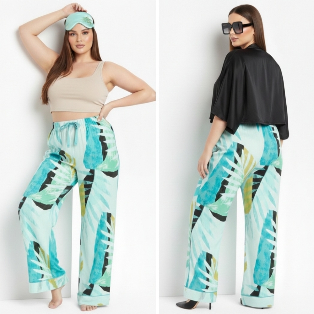 Nwt Stars Above Blue Leaf Pajama Pants Bottoms High Waist Wide Leg Palazzo